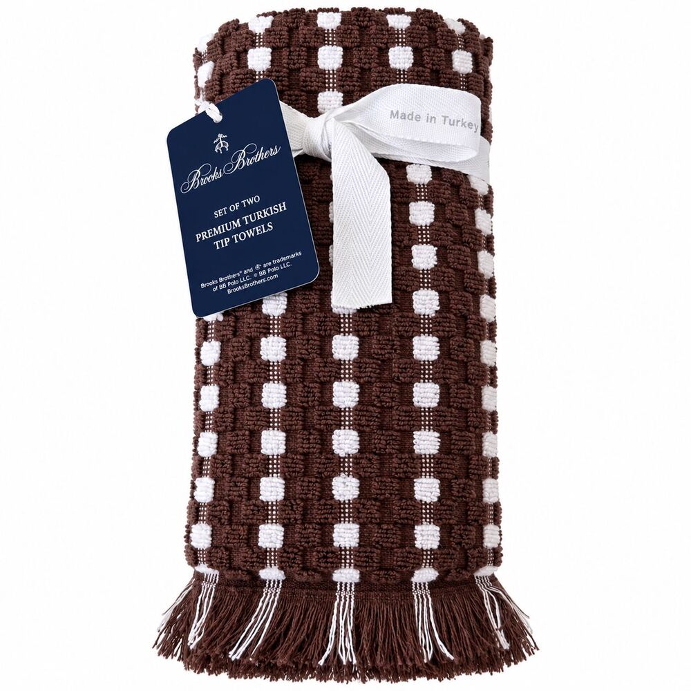 Brooks Brothers Fingertip Towels Set of 2 Brown White Turkish Cotton Raised Dot